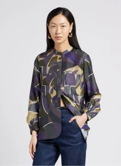 Soeur LAURE - Chemise Col Rond Montant Imprimé Fleurs En Soie | Gris